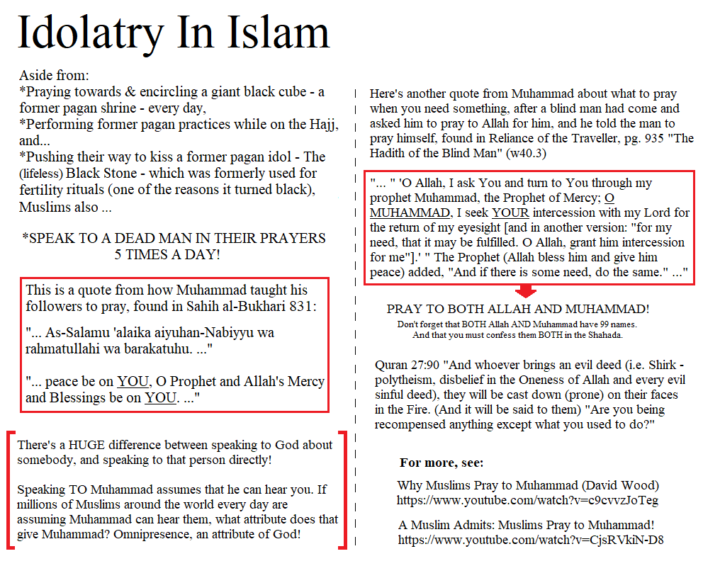One example of idolatry in Islam, and one example of Muhammad/Muslims putting him as a partner with Allah - which lands one face down in Hell according to Quran 27:90 (other examples include the modern Shahada [not found in exact words in the Quran], as well as both Allah's 99 names AND Muhammad's equal amount of 99 names]). Here we see Muslims essentially praying to Muhammad in the daily prayers & essentially praying to him along with Allah whenever they have a need, both were commands from Muhammad himself (if you are addressing Muhammad, he had better be alive and in the same room with you, otherwise you are talking to a dead man, and are essentially praying to him, especially if this is IN/DURING your official prayers to you god! And especially more so if this is in relation to a request to your Allah & you are seeking intercession from Muhammad during that prayer!). Sources: Sahih al-Bukhari 831 and Reliance of the Traveler, pg. 935 "The Hadith of the Blind Man" (w40.3).